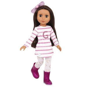 Glitter Girls - Sarinia - Poup&eacute;e de mode posable de 36 cm - Cheveux bruns raides et yeux bruns - Tunique ray&eacute;e et bottes &agrave; paillettes - Leggings avec n&oelig;ud de cheveux et c&oelig;ur - 3 ans et +