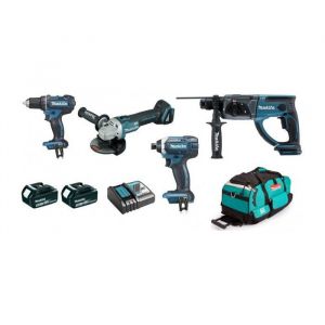 Image de Makita Pack Premium 4 machines 18V 5Ah: Perceuse DDF482 + Meuleuse DGA504 + Perfo DHR202 + Visseuse DTD152 + 2 batt + sac