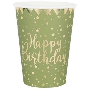 Ruedelafete Sachet de 10 Gobelets Happy Birthday métal, Sauge/Or (bord doré)