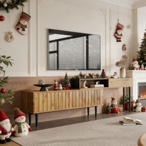 Meuble TV bois - NEXU - 2 portes - pieds en fer - effet marbre et bois - meuble de salon - 200 x 26 x 58 cm