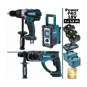 Image de Makita Pack Power PRO 18V: Perceuse 91Nm DDF458 + Perfo 2J DHR202 + Radio de chantier DMR108 + 3 batt 5Ah + 2 coffrets MAKPAC -...