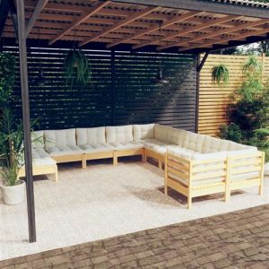 VidaXL Salon de jardin 11 pcs avec coussins crème bois de pin