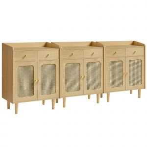 Image de Buffet cannage lot de 3 avec portes et tiroirs en rotin beige ch&ecirc;ne