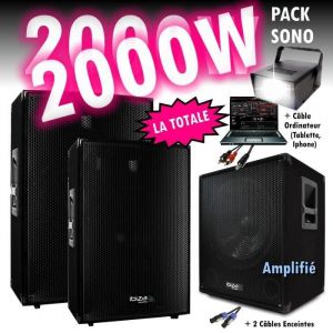 Image de Ibiza Sound PACK SONO DJ 2000W CUBE 1512 avec CAISSON + ENCENTES + CABLES HP et PC + JEUX DE LUMIÈRE STROBO LED PA DJ LED LIGHT SOUND