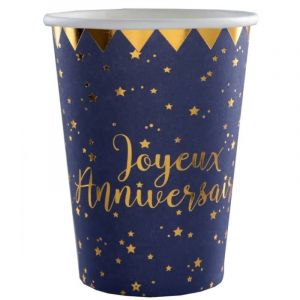 10 Gobelets carton Joyeux anniversaire bleu marine 7,8 x 9,7 cm