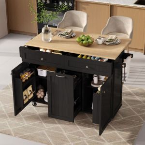 Desserte de cuisine 140&times;40/70&times;92 cm, &Icirc;lot centrale plan de travail extensible, tiroirs & &eacute;tag&egrave;res, MDF noir/naturel, roulettes