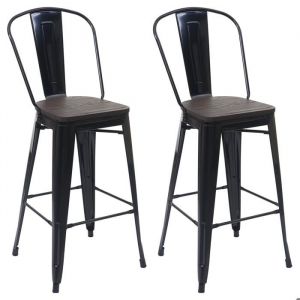 Décoshop26 Lot de 2 tabourets de bar chaises de comptoir avec dossier siège en bois design industriel métal noir - noir