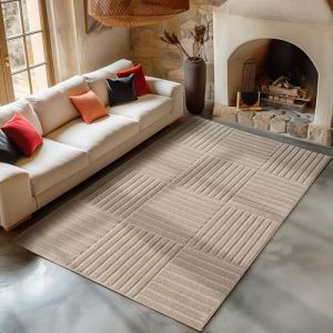 Carpetsale24 Tapis de Salon 160x230 cm Beige Scandi Boho à Carreaux Shaggy Doux Moelleux Effet Relief Moderne Facile à Nettoyer