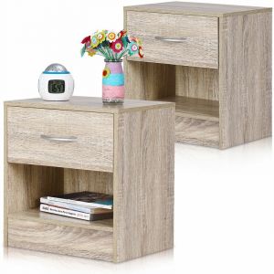 Deuba 2x Table de nuit table de chevet ch&ecirc;ne tiroir surface de rangement poign&eacute;e alu