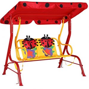 Deuba Balancelle pour Enfants Jardin - avec auvent - Rouge Motifs Coccinelle