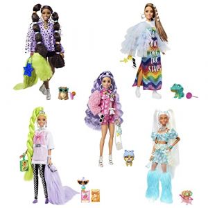 Mattel Coffret Extra Mix & Max 5 poupées avec poupée Extra exclusive, 70 pièces de mode et accessoires, 5 animaux, cheveux très longs et points d’articulation, Jouet Enfant, Dès 3 ans, HHC58