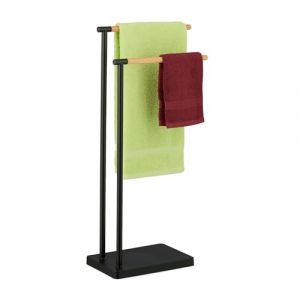 Relaxdays Porte-Serviettes Non Fixe, avec 2 Barres, pour la Cuisine ou Salle de Bain, Bambou et Acier, Noir