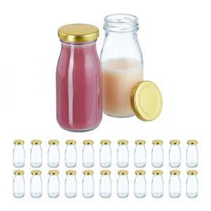 Relaxdays Set Huile vinaigre, 24 Bouteilles en Verre, avec Bouchon hermétique, pour Smoothies, jus, Lait, Transparent/Or
