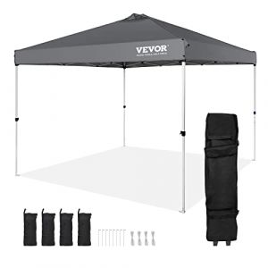 VEVOR Tonnelle Pop-up 304,8x304,8 cm Tonnelle Auvent Jardin Bâche Enduit Argenté PU 250D Sac à Roulettes Portable 4 Sacs Sable Abri Solaire Imperméable pour Plein Air, Plage, Fête, Camping, Gris Foncé