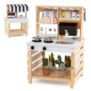 Cuisine Enfant Double Face avec R&eacute;servoir &agrave; Eau & Evier Amovible, Jeu de Cuisine en Bois avec Auvent & 6 Accessoires, pour 3 Ans+, Naturel