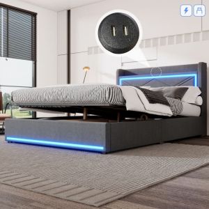Lit coffre en lin 140x200cm - avec led et usb - Gris