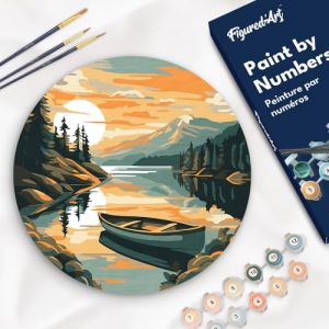 Figured'Art Peinture par Numéro Adulte sur Disque en Bois de 30cm de diamètre - Lac de montagne et canoë - Kit de Loisir Créatif DIY Numéro d'Art Complet