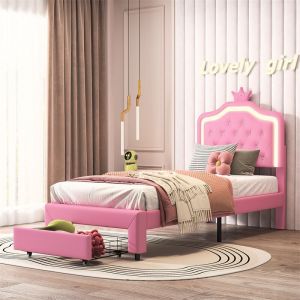 Lit 90x200cm, lit enfant LED avec tiroir, sommier à lattes et tête de lit avec couronne, en cuir PU, rose