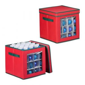 Relaxdays Boîte à Boules de Noël, Lot de 2, HxLxP : 33 x 32 x 32 cm, 64 Compartiments chacune, Tissu, Carton, Rouge/Vert