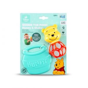 Bright Starts Disney Baby Winnie l&rsquo;Ourson Hochet & Anneau de Dentition Hunny & Shake &ndash; Jouet Nomade pour Poussette, Nouveau-n&eacute;s et +
