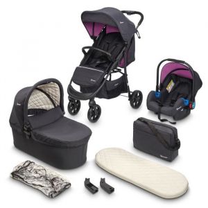 BabyGO Poussette 3 en 1 Styles – Siège sport et nacelle séparés et nacelle de voiture – Sac à langer/housse de pluie/matelas – Rose