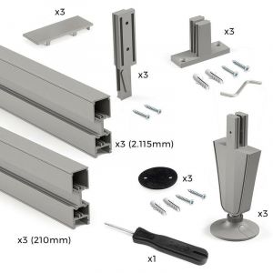 Emuca Zero Kit cadre modulaire avec quincaillerie et 3 profils pour montage au sol et au mur avec niveleur circulaire, aluminium et zamak, gris pierre