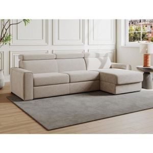 Canapé d'angle réversible convertible express en velours côtelé beige - Couchage à lattes larges 140 cm - Matelas 22 cm mémoire de forme - VIZIR