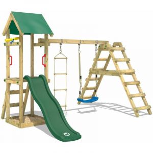 Wickey Aire de jeux Portique bois TinyLoft avec balançoire et toboggan vert Échafaudage grimpant avec bac à sable, mur d'escalade