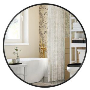 Songmics Miroir Rond, Miroir Mural, Diamètre 50 cm, Cadre en métal, Facile à installer, pour salle de bain, Salon, Chambre, Entrée, Couloir, Noir d'encre