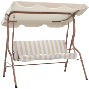 Outsunny Balancelle de Jardin - 3 Places - Toit imperm&eacute;abilis&eacute; Inclinaison r&eacute;glable - Coussins Assise Dossier - marron cr&egrave;me ray&eacute;