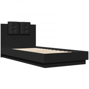 VidaXL Cadre de Lit avec Tête de Lit et Lumières LED, Sommier à Lattes, Lit Simple, Lit Adulte de Chambre à Coucher Intérieur, Moderne, Noir 75x190 cm