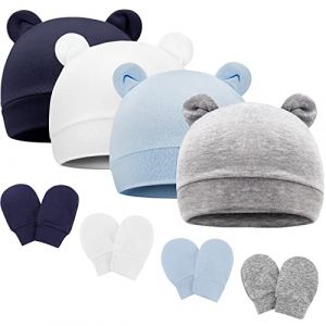 Dreshow Bonnets De Naissance Et Moufles De Protection Bebe Gants Bonnet Nouveau-Ne Bambin Doux Mignon Tricote Chapeau 0-6 Mois, Tail
