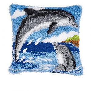Vervaco Kit Point Noué Á Faire Coussin Broderie Debutant DIY 2 DAUPHINS Latch Hook Kit Complet Decoration Maison Manuelle Loisir Créatif ca. 40 x 40 cm Embroidery