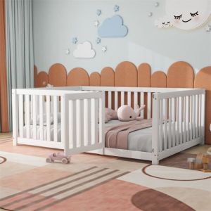 Fortuna Lai - Lit évolutif bébé Lit d'enfant 140 x 200, fond en bois Cadre de lit avec barrière et porte, Blanc