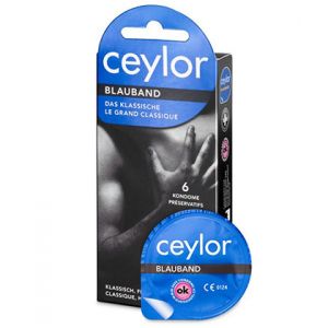 Ceylor *Blauband* hautverträgliche Kondome mit Gleitcreme, verpackt im hygienischen Dösli