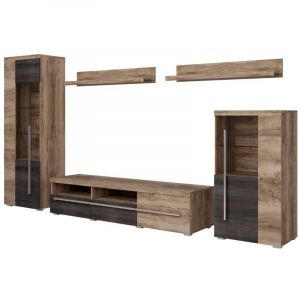 Composition murale BRAZZA &ndash; Vitrines, meuble TV 160 cm et 2 &eacute;tag&egrave;res &ndash; Finition noyer satin