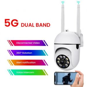 Image de Caméra de Surveillance Extérieure PRUMYA IP WiFi 2.4 + 5G HD 1080P Zoom x4 Suivi Humain Vision Nocturne Couleur avec Carte TF 64G