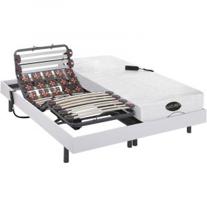 Lit électrique relaxation lattes et plots matelas mémoire de forme et bambou DAMYSOS de NATUREA - moteurs OKIN - 2 x 80 x 200 cm - Blanc