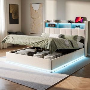 Lit coffre 160x200 cm - LED RGB - Port USB Type-C - Velours blanc - Style moderne
