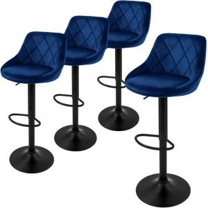 Lot de 4 Tabourets de Bar en Velours, Bleu, Chaise Rembourrée avec Dossier et Repose-Pieds, Réglable en Hauteur 62-82 cm, Pivotante à 360°, Tabouret