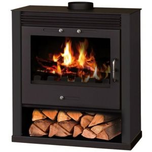 V05 - Poêle à bois Rubin – 13 kW avec panneaux latéraux peints en noir et grande fenêtre panoramique frontale
