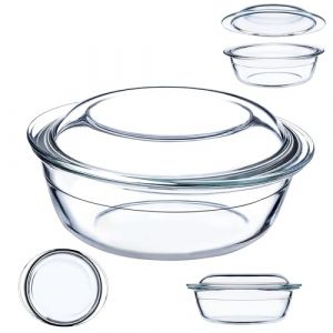 KADAX Plat à Gratin en Verre Résistant à la Chaleur avec Couvercle et Poignées Idéale pour la Cuisson au Four (Rond 2.2L)