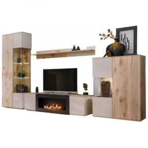 Ensemble de salon ERINA – Vitrine, meuble TV avec cheminée bio-éthanol, étagère murale et buffet haut – Chêne clair et beige