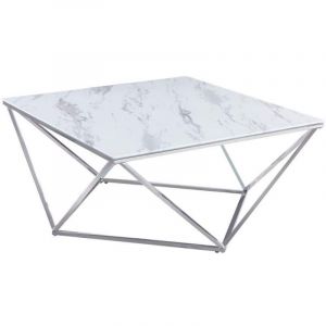 Homy France - Table basse carr&eacute;e alina plateau en verre marbr&eacute; blanc pieds chrom&eacute;s 80x80x45 cm