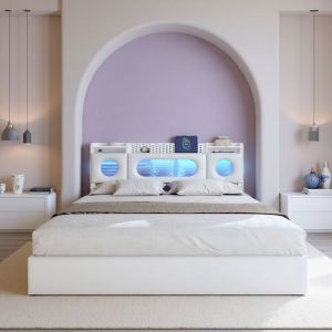 Lit Coffre - 160x200 cm - Rangement Hydraulique - LED RGB - Charge Rapide USB/Type-C