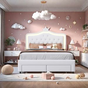 Lit Adulte 140x200 cm - TANANT - Lit Double 2 Personnes - 2 Tiroirs - T&ecirc;te de Lit LED R&eacute;glable - Blanc