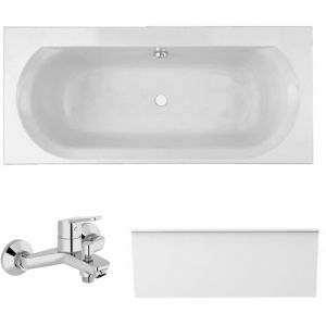 Jacob Delafon Pack baignoire droite 170 x 75 Elise + tablier en niche + mitigeur bain douche mural Aimé chromé + vidage