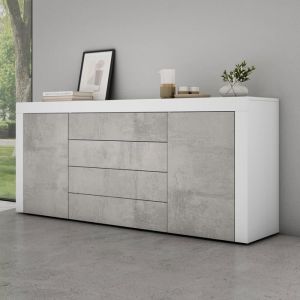 Mai&mai - Meuble de Rangement avec 2 Portes et 4 Tiroirs Casier de Rangement Polyvalent Buffet Blanc Mat + Béton 167x36x70 cm SR03
