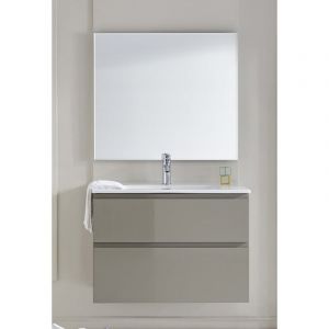 Image de Pegane Meuble de salle de bain avec 2 tiroirs suspendus taupe brillant avec plan moulé + miroir - Longueur 80 x Hauteur 56 x Pr