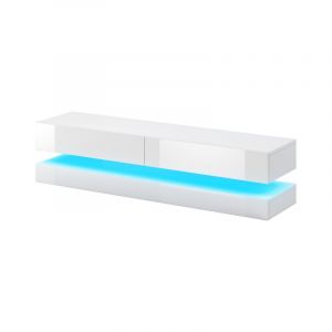 Meuble TV en 2 parties "Fly" avec LED - Blanc brillant/mat - L 140 cm